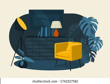Fragmento de ilustración vectorial plana de estilo escandinavo. Sillón amarillo, cómoda con lámpara de pie de estilo moderno. Planta de Monstera. Pintura abstracta en la pared. 