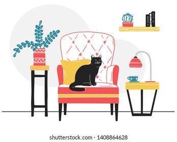 Scandinavian style interior. Furniture and various interior items. Armchair, cat on the chair. Pet.