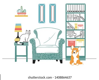 Scandinavian style interior. Furniture and various interior items. The dog is sitting on the floor, the cat is sitting on the table.