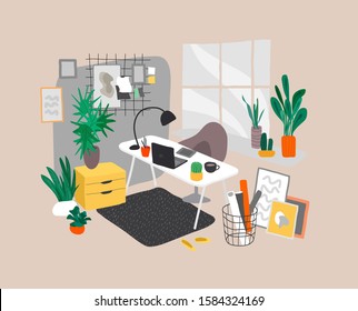 Scandinavian or Scandinavian style interior. Hand drawing style home office. Cozy interior with home plants. Cartoon vector