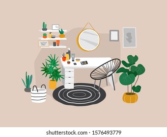 Scandinavian or Scandinavian style interior with a mirror and a cosmetic table. Cozy interior with home plants. Hand drawing cartoon vector illustration.