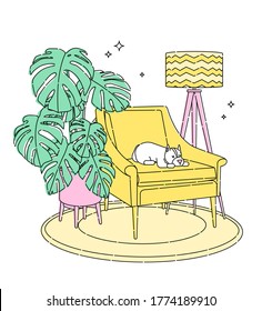 Scandinavian style interior outline vector fragment. Modern armchair surrounded by home plant. Monstera plant. Cosiness and comfort. Sleepy dog.