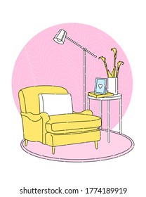 Scandinavian style interior outline vector fragment. Modern armchair next to a coffee table and an retro lamp. Vase with calla flowers. Cosiness and comfort.