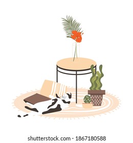 Interior de estilo escandinavo. Una mesita, un jarrón con una flor, plantas de la casa y un gato entre las almohadillas. Ilustración vectorial plana para postcard, banner web y más.
