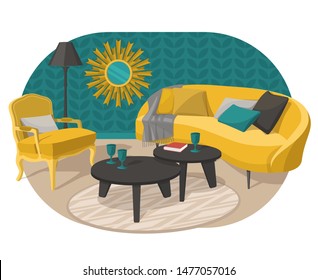 Scandinavian style interior vector fragment. Sofa with a plaid and pillows. Armchair, floor lamp and coffee table with glass glasses in Art Nouveau style. On the wall is a mirror in style of art deco.