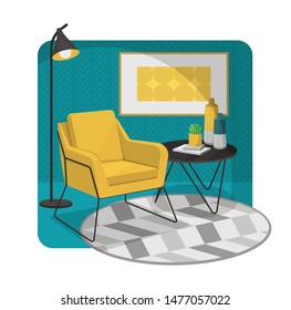 Scandinavian style interior vector fragment. Armchair next to a coffee table and Art Nouveau floor lamp. Round carpet. Geometric pattern on the wall.