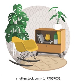 Scandinavian style interior vector fragment. Armchair near a coffee table with books and vases in the Art Nouveau style. Round carpet and in a circle. Monstera plant.