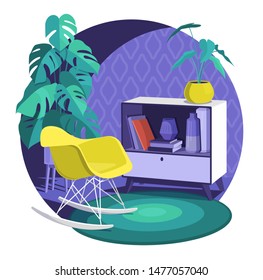 Scandinavian style interior vector fragment. Armchair near a coffee table with books and vases in the Art Nouveau style. Round carpet and in a circle. Monstera plant.