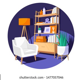 Scandinavian style interior vector fragment. An armchair next to a bookcase full of books and decorations, and an Art Nouveau floor lamp in the back. A large flower and cactus in a pot.