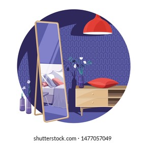 Scandinavian style interior vector fragment. Mirror with a reflection of the bed in the bedroom with pillows. Nearby is a nightstand with a pillow, glass vase and Art Nouveau flowers. The light is on.