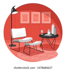 Scandinavian style interior vector fragment. Armchair next to a coffee table and Art Nouveau floor lamp. Round carpet. Geometric pattern on the wall.