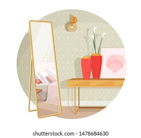 Scandinavian style interior vector fragment. Mirror with a reflection of the bed in the bedroom with pillows. Nearby is a table and a vase with calla flowers in the Art Nouveau style.