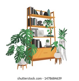 Scandinavian style interior vector fragment. A bookcase full of books in the Art Nouveau style, plants and vases are on the shelf. Surrounded by home plants.