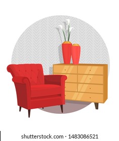 Scandinavian style interior vector fragment. An Art Nouveau armchair next to a chest of drawers. Vase with calla flowers. Cosiness and comfort.