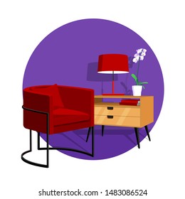 Scandinavian style interior vector fragment. Art Nouveau armchair next to a coffee table with a lamp and a plant Orchid. Cosiness and comfort.
