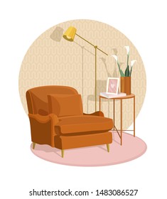 Scandinavian style interior vector fragment. An Art Nouveau armchair next to a coffee table and an Art Deco lamp. Vase with calla flowers. Cosiness and comfort.