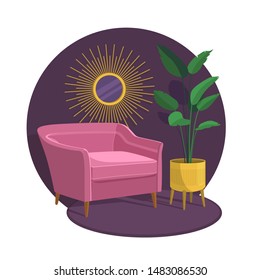 Scandinavian style interior vector fragment. Art Nouveau armchair surrounded by home plant. Art Deco Mirror. Cosiness and comfort.