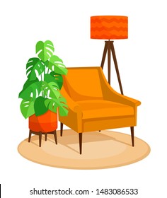 Scandinavian style interior vector fragment. Art Nouveau armchair surrounded by home plant. Monstera plant. Cosiness and comfort.