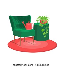 Scandinavian style interior vector fragment. Art Nouveau armchair surrounded by home plant and watering pot. Cosiness and comfort.