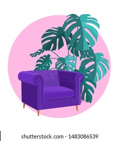 Scandinavian style interior vector fragment. Art Nouveau armchair surrounded by home plant. Monstera plant. Cosiness and comfort.