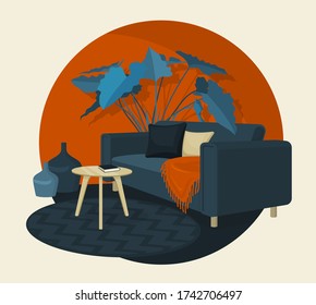 Scandinavian style interior vector fragment. Sofa with pillows and a blanket near the coffee table with a book and modern vases. Round carpet and in a circle. Home plant.