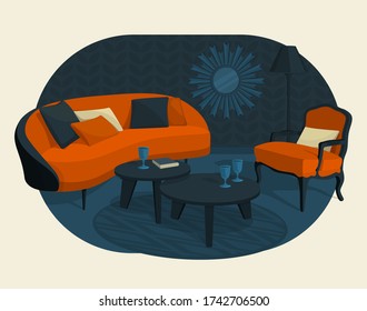 Scandinavian style interior vector fragment. Sofa with a plaid and pillows. Armchair, floor lamp and coffee table with glass glasses in Modern style. On the wall is a mirror in style of art deco.