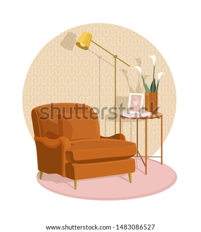 Scandinavian style interior vector fragment. An Art Nouveau armchair next to a coffee table and an Art Deco lamp. Vase with calla flowers. Cosiness and comfort.