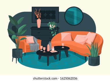 Scandinavian style interior vector illustration fragment. Armchair with a plaid and pillow. Sofa, flowers, floor lamp and coffee table with glass glasses in the Art Nouveau style. On the wall is a mir