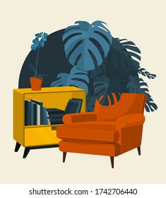 Scandinavian style interior vector illustration fragment. Modern armchair next to a coffee table with books. Plant Orchid. Cosiness and comfort.