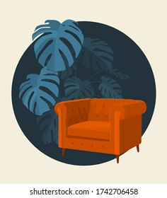 Scandinavian style interior vector illustration fragment. Modern armchair surrounded by home plant. Monstera plant. Cosiness and comfort.
