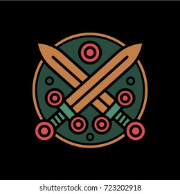 Scandinavian style isolated vector flat emblem with two crossed swords on a green shield