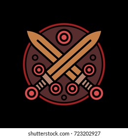 Scandinavian style isolated vector flat emblem with two crossed swords on a shield