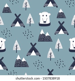 Scandinavian style kids, baby texture for fabric, textile, pyjamas, apparel. Hand drawing, white bears seamless pattern vector, happy, cute teddy in boho forest between mountains, trees, wigwams.