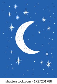 Scandinavian Style Kids Room Decoration. Cute Hand Drawn Moon and Stars on Blue Background. Nursery Wall Art for Baby Boy And Baby Girl. Vector Illustration Ideal for Card, Invitation, Poster.