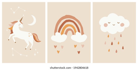 Scandinavian Style Kids Room Decoration. Cute Hand Drawn Unicorn, Rainbow and Cloud. Nursery Wall Art for Baby Boy And Baby Girl. Vector Illustration Set Ideal for Cards, Invitations, Posters.