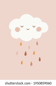 Scandinavian Style Kids Room Decoration. Hand Drawn Infantile Cute Cloud on a Pink Background. Vector Illustration Isolated. Ideal as Card, Invitation, Poster. 