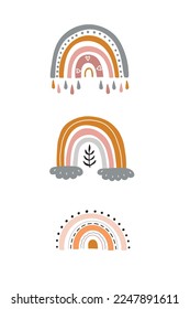 Scandinavian Style Kids Room Decoration. Neutral Boho Rainbow Nursery Wall Art for Baby Boy and Baby Girl. Vector Illustration Ideal as Card, Invitation, Poster.