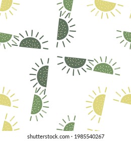 Scandinavian style kids seamless pattern with blue, green and yellow sun elements. Isolated backdrop. Perfect for fabric design, textile print, wrapping, cover. Vector illustration.