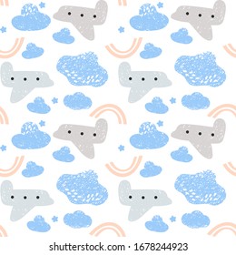 Scandinavian style kids textile pattern. Airplanes in the sky, clouds, stars and rainbows. Cute hand drawn baby nursery decorative art. Seamless vector pattern. Crayon pencil background.