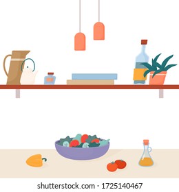 Scandinavian style kitchen, bowl of vegetable salad standing on the table, shelf with cooking books, plant, teapot, jar and olive oil, two lamps, flat vector illustration isolated on white background