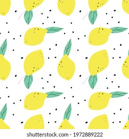 Scandinavian style lemons with leaves seamless pattern on white background.
