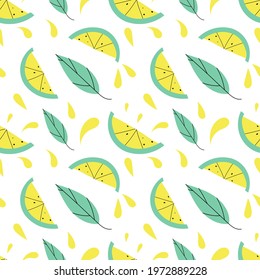 Scandinavian style lemons with leaves seamless pattern on white background.
