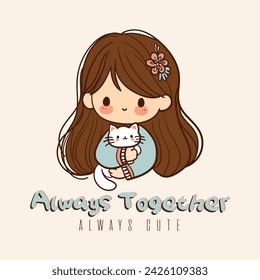 Scandinavian style little girl and kitten. The hand-drawn design can be used for any printing area. T-shirt, wallpaper, sticker etc.