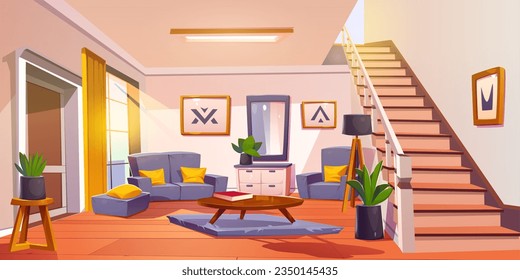 Scandinavian style living room design with furniture. Vector cartoon illustration of light house interior, grey couch and armchairs with yellow cushions, mirror and abstract pictures on wall, stairs