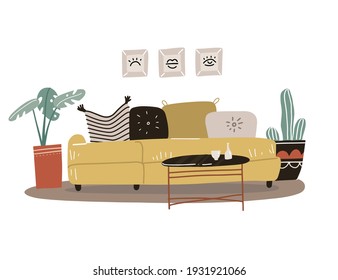 Scandinavian style living room interior concept. Isolated yellow sofa with pillows and paintings in frames, potted plants, coffee table. Vector flat hand drawn illustartion