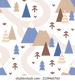 Scandinavian style map seamless pattern. Nursery nature illustration, mountains and forest.