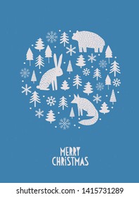 Scandinavian Style Merry Christmas Vector Card. Beige Christmas Trees, Fox, Hare and Bear Isolated on a Blue Background. Simple Handwritten Wishes. Lovely Infantile Style Holiday Vector Illustration.