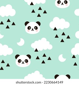 scandinavian style mint green sky seamless pattern with kawaii face panda bear and clouds, moon and triangles. Kids fabric and textile vector design.