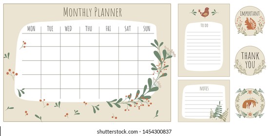 Scandinavian style monthly planner with notes, to do list and stickers. Hand drawn vector illustration with elegant flowers, herbs, fox, squirrel and bird.