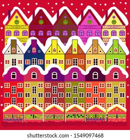 Scandinavian style nature illustration. Colorfil landscape for textile, wallpaper, fabric. Vector. Cute houses and trees on red and white colors background.